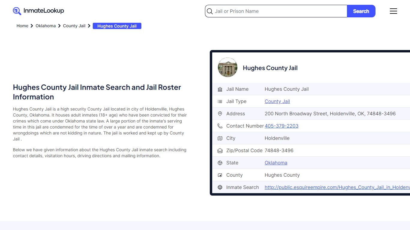Hughes County Jail Inmate Search and Jail Roster Information